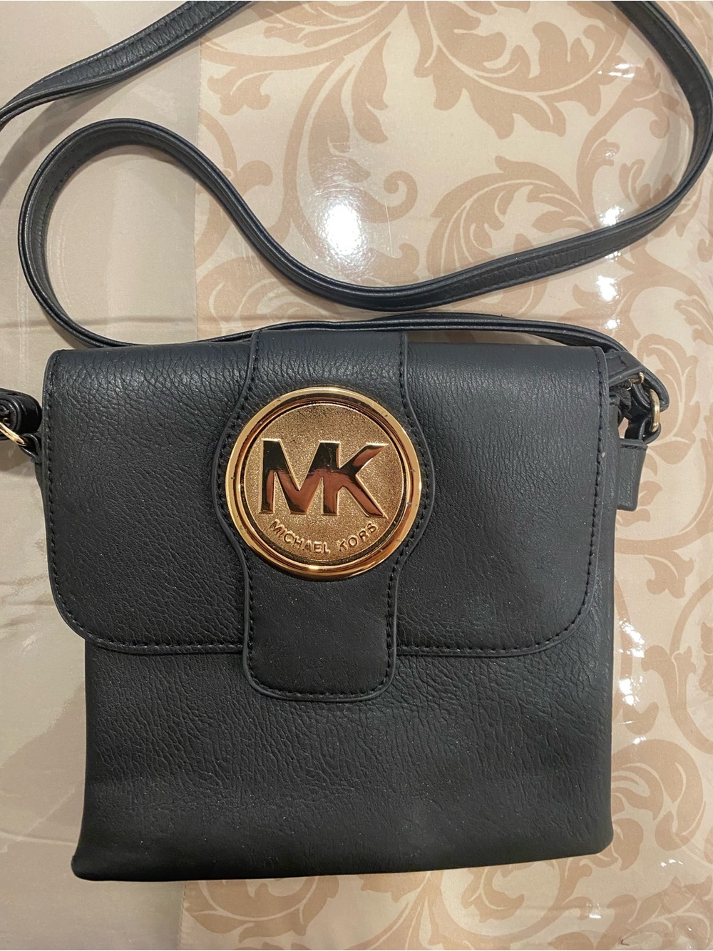 Michael Kor-inspired Black Crossbody with Gold MK Medallion see full description